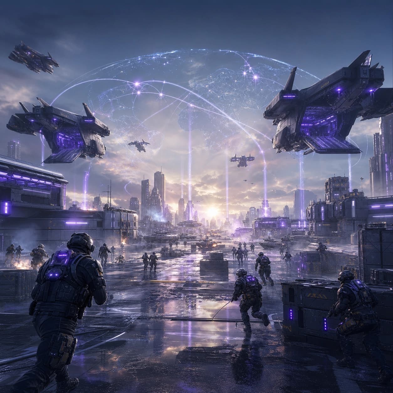 Dynamic futuristic war zone with squads deployed across a large battlefield