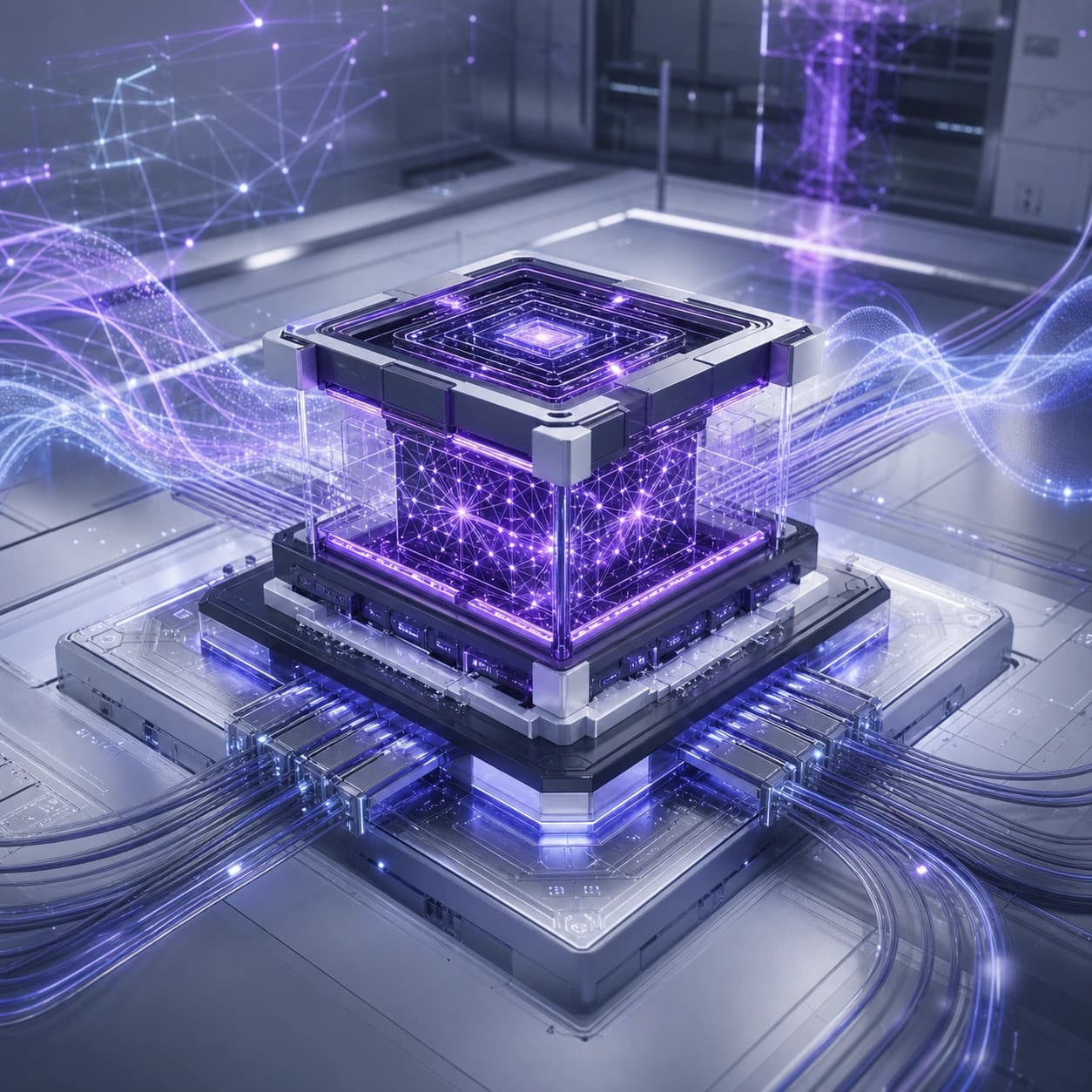 Neural rendering engine core with futuristic circuitry